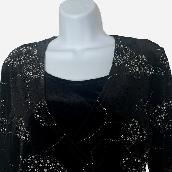 Choices Black Velvet 2 Piece Top Skirt Set Dress Small Rhinestones Embroidered - Picture 2 of 10